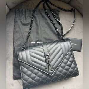 YSL Grain De Poudre Textured Mixed Matelasse Triquilt Monogram Bag Black